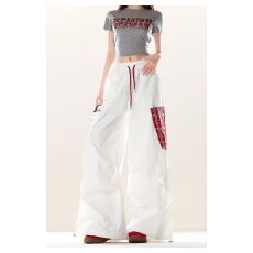 批发美式格子拼接抽绳撞色大口袋工装伞兵裤<b class='q'>女</b>褶皱宽松阔腿<b class='q'>裤</b>