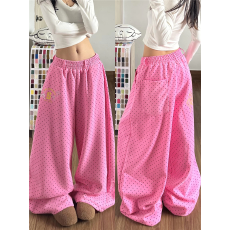 批发辣妹粉色波点印花卫<b class='q'>裤</b>女宽松慵懒松弛感<b class='q'>嘻哈</b>爵士舞运动<b class='q'>裤</b>