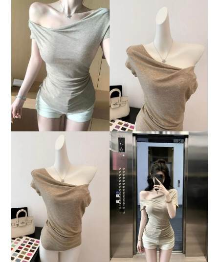 ubiliv 빛 연 주간 접시 디자인 센스 매듭 비스듬한 어깨 핀치 Pleat 허리 수축 슬림해 보이는 티셔츠 주간 실크 양모 맨위