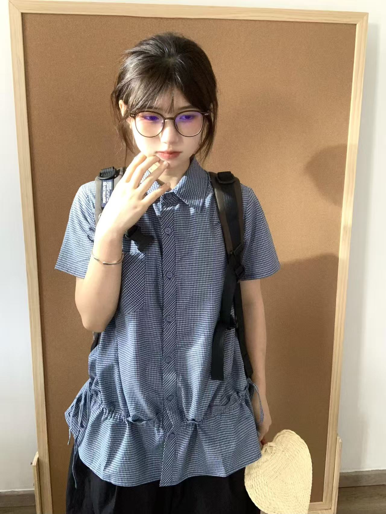 원본 체크무늬 원단 파란색 체크무늬 긍정적 인 어깨 반팔 여성 셔츠 아메리칸 레트로 POLO 칼라 맨위