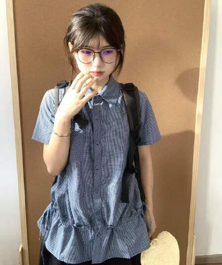 원본 체크무늬 원단 파란색 체크무늬 긍정적 인 어깨 반팔 여성 셔츠 아메리칸 레트로 POLO 칼라 맨위