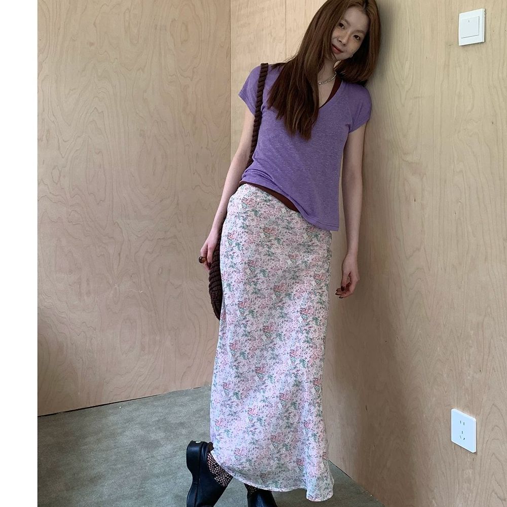 핑크색 꽃무늬 반신 스커트 여성 여름 새로운 쉬폰 다용도 슬림해 보이는 인어 꼬리 롱 스커트