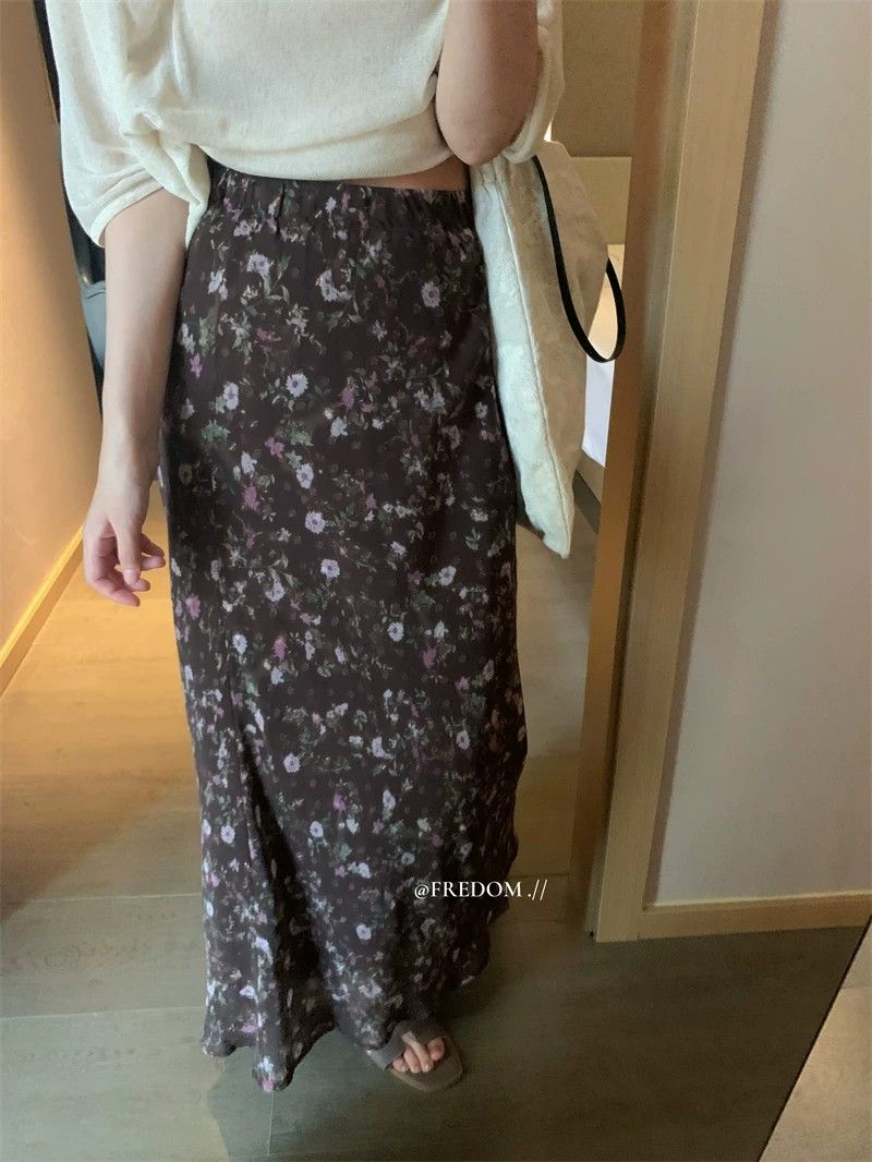 여름 허리밴드 도루 가을 센스 레트로 쉬폰 꽃무늬 반신 스커트
