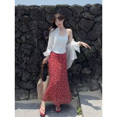 批发韩系少女红色碎花浪漫碎花半身裙中长款一步裙中裙