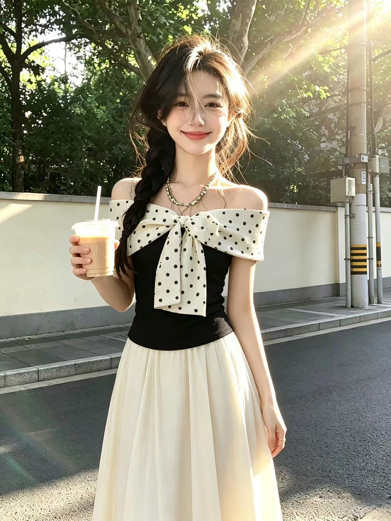 Ouyang 안녕하세요. 블랙 배 뮤즈 나비 매듭 패치워크 검정색 반팔 티셔츠 여성 여름 고유 한 아름다운 오프숄더 맨위