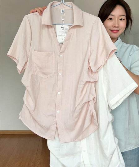 원본 원단 한 부서 느긋한 바람 V넥 꼬집기 허리 반팔 여성 셔츠 여름 얇은 스타일 셔츠 품격