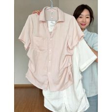 批发原版布料 韩系慵懒风v领掐腰短袖<b class='q'>衬衫女</b>夏季薄款衬衣气质