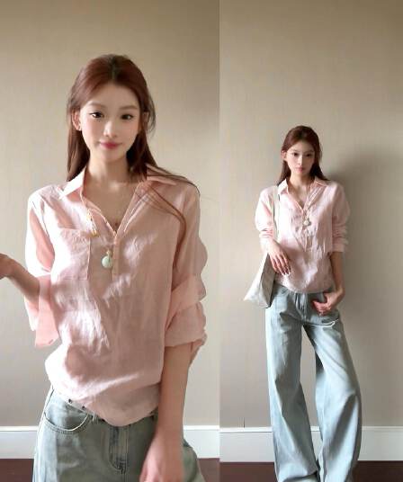 프랑스식 핑크색 POLO 칼라 자외선 차단 여성 셔츠 여름 디자인 센스 루즈핏 캐주얼 느긋한 바람 품격 맨위