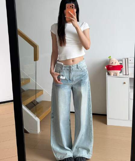 작은 키 아메리칸 하늘색 넓은 다리 청바지 여성 로우 웨이스트 루즈핏 다용도 슬림해 보이는 스트레이트 바닥 청소 바지