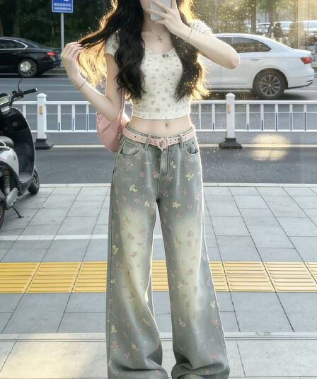 아메리칸 레트로 핫걸 청바지 여성 작은 대중 루즈핏 슬림해 보이는 스트레이트 넓은 다리 바닥 청소 바지