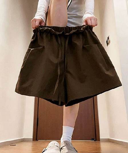 한 부서 커피 색상 프릴 꽃밭 운동 반바지 여성 펌프 로프 빅 포켓 넓은 다리 3 점 워크웨어 팬츠