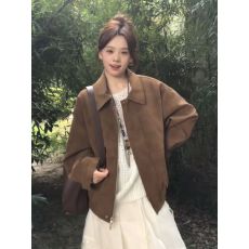 批发复古棕色翻领麂皮绒外套女秋季美拉德穿搭高级感气质开衫拉链夹克
