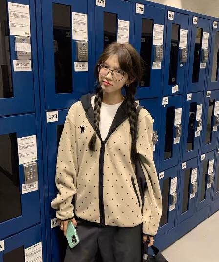 후아 면 복합 2026 도트 무늬 후드 오픈 가디건 남녀 명중 검은 색 테두리 자수 지퍼 후드티 재킷
