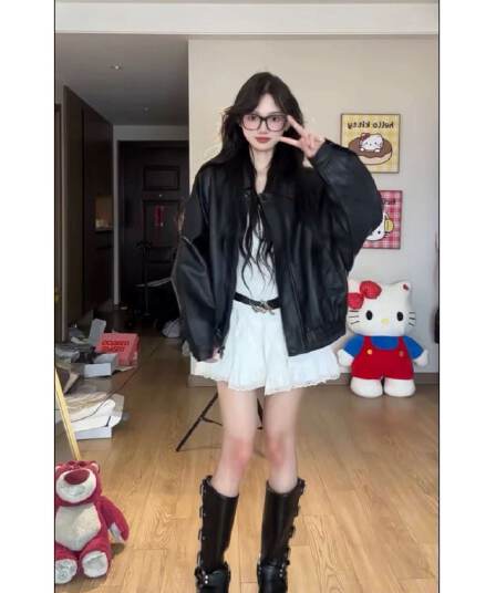 pu 가죽 검정색 가죽 재킷 여성 코트 새로운 레트로 루즈핏 차가운 바람의 소리 바람 오토바이 서비스 쇼트 스타일 재킷 맨위