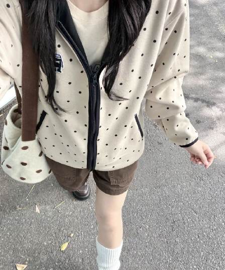 순수한 Mianhua 면 복합 원본 당겨서 측면 도트 무늬 후드 남녀 루즈핏 명중 검은 색 테두리 자수 후드티 재킷