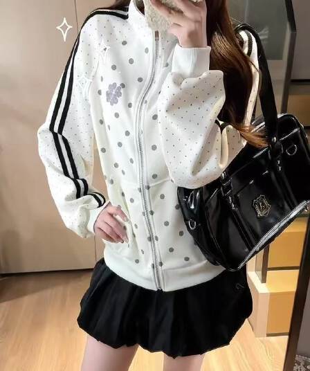후아 면 복합 한 부서 도트 무늬 2026 가을 오픈 가디건 여자 스탠드 칼라 루즈핏 맨위 후드티 재킷