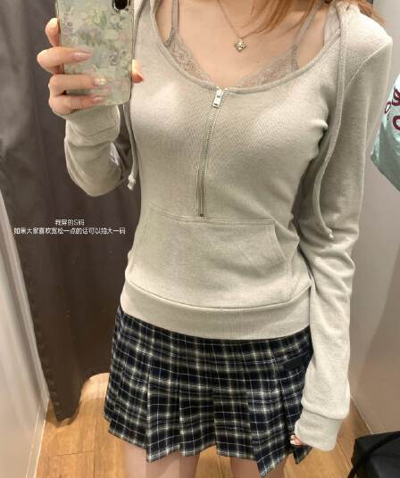 원본 원단 이른 가을 재킷 여성 셔츠 밝은 회색 색상 레이스 조각 후드 긴팔 지퍼 후드티