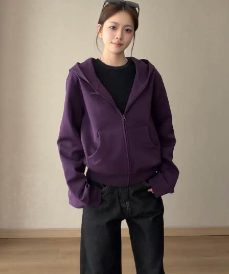 롱 코트 보라색 이른 가을 후드티 오픈 가디건 여성 2026 루즈핏 캐주얼 후드 재킷