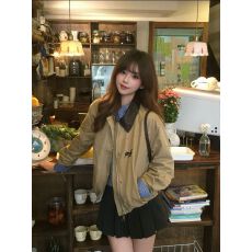 批发复古翻领短外套女秋季新款宽松<b class='q'>休闲</b>工装上衣百搭显瘦PU皮拼接<b class='q'>夹克</b>