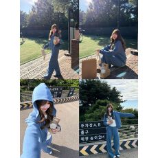 批发华棉复合+后包领  连帽卫衣外套女蓝色秋季直筒卫裤两件套装