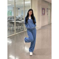批发华棉复合+后包领  连帽卫衣外套女蓝色秋季直筒卫裤两件套装