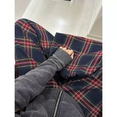 批发美式复古格子裤女秋季2026新款撞色拼接腰小个子宽松慵懒风阔腿裤
