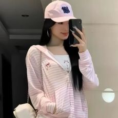 批发雪花棉  长袖连帽开衫外套女<b class='q'>夏</b>季薄款上衣空调衫凉感条纹防晒罩衫