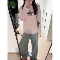 批发雪花棉 豹纹星星印花防晒圆领长袖罩衫女<b class='q'>夏</b>日休闲风宽松显瘦薄款