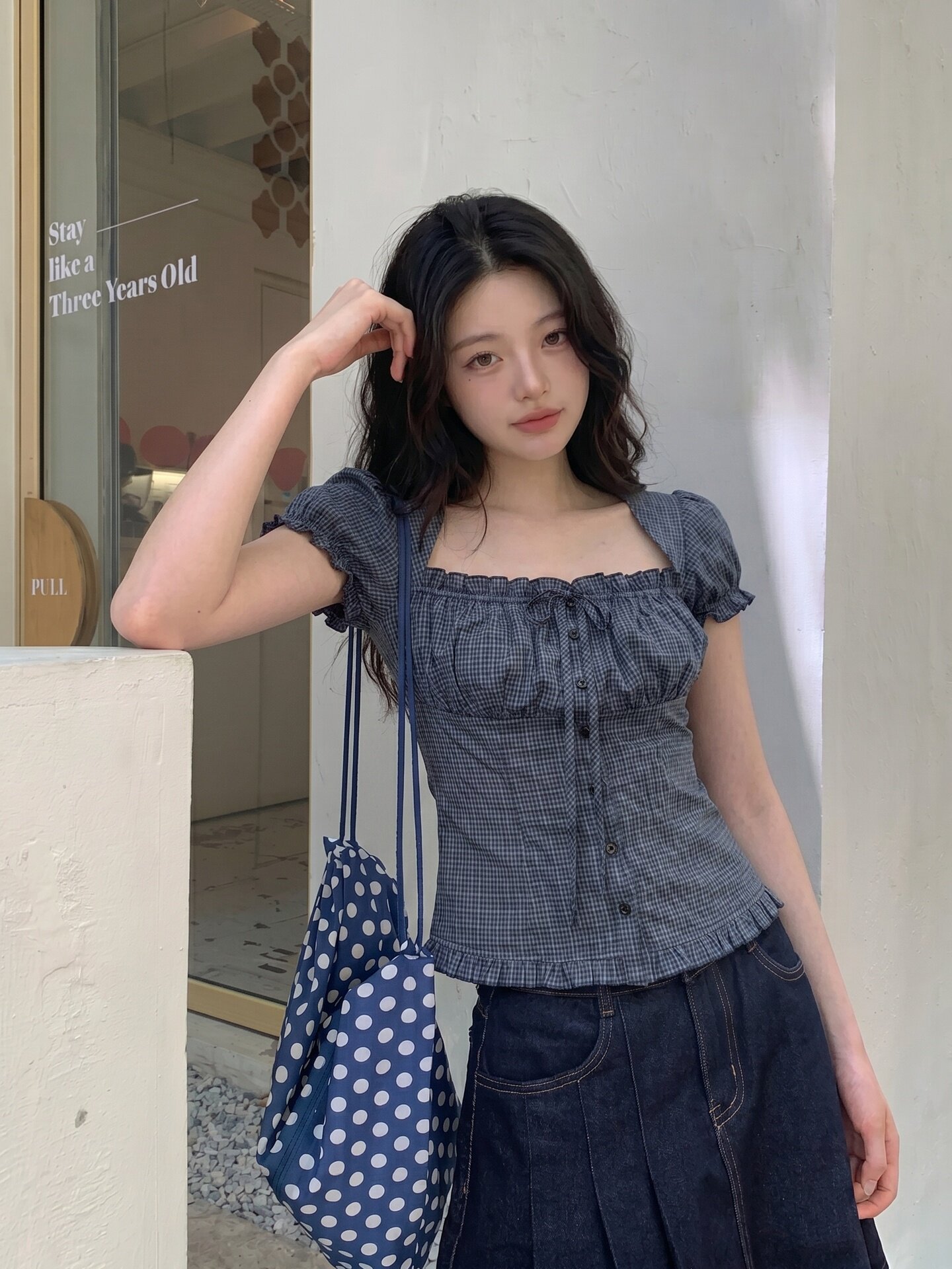 달콤한 스타일 거품 소매 펌프 Pleat 여성 셔츠 여름 레트로 디자인 센스 체크무늬 반팔 맨위