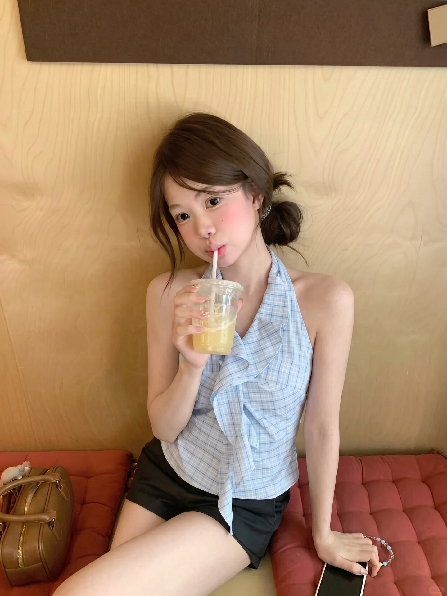 한 부서 신선함 체크무늬 V넥 행침 목 셔츠 조끼 디자인 센스 프릴 민소매 맨위
