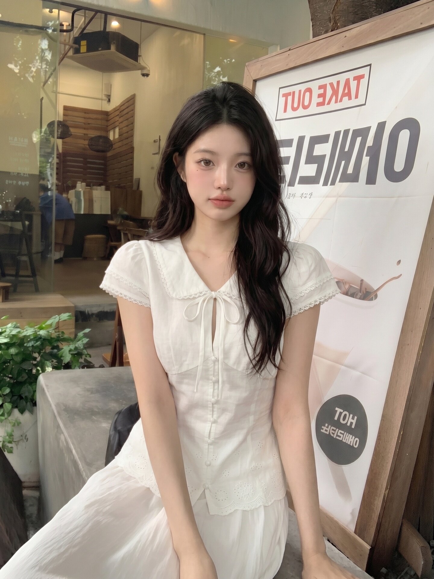 화이트 베이비 칼라 홀로우 아웃 레이스 반팔 셔츠 여름 디자인 센스 허리 수축 슬림해 보이는 맨위