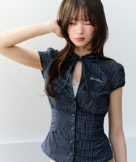 한 부서 레트로 체크무늬 나비 넥타이 홀로우 아웃 허리 수축 셔츠 맨위 여성