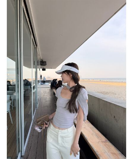한 부서 디자인 센스 맨위 Tulle 리본 u 칼라 몸매 가꾸기 반팔 티셔츠 여성
