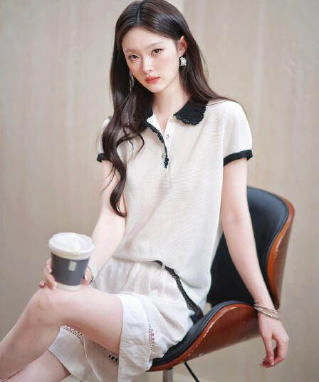 학원 POLO 셔츠 차가운 센스 주간 실크 레이스 레이스 배색 패치워크 니트 반팔 베이비 칼라 맨위