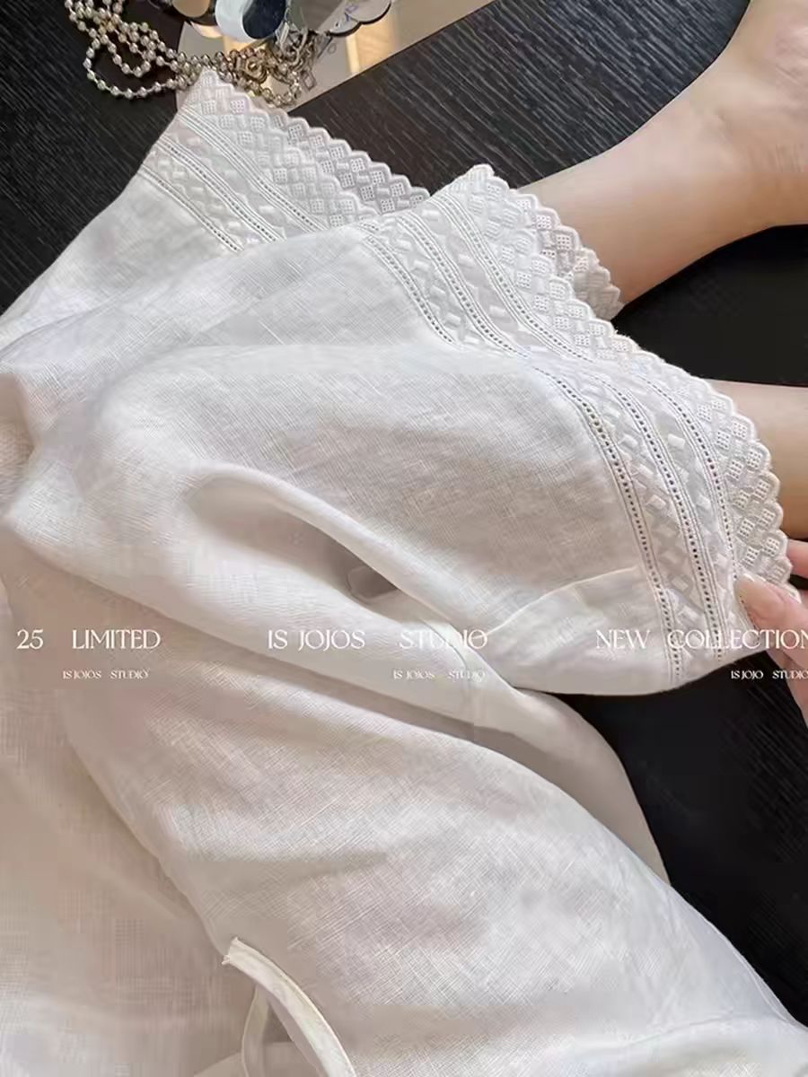 화이트 아마 캐주얼 바지 여성 여름 새로운 자수 레이스 패치워크 루즈핏 얇고 가벼운 잘 생긴 9 포인트 스트레이트 바지