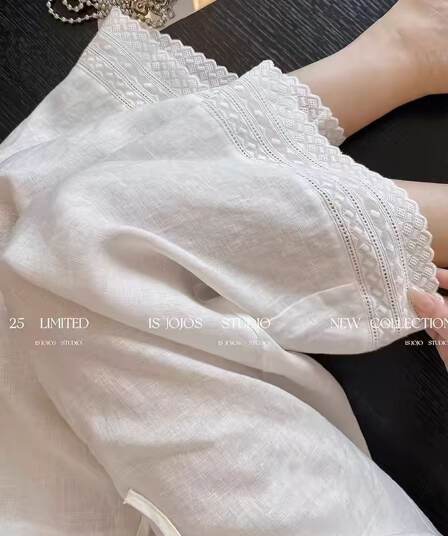 화이트 아마 캐주얼 바지 여성 여름 새로운 자수 레이스 패치워크 루즈핏 얇고 가벼운 잘 생긴 9 포인트 스트레이트 바지