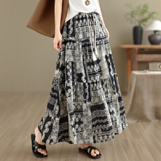 批发2026夏季新款波西米亚度假风天丝<b class='q'>棉麻</b>显瘦大摆裙印花蛋糕裙半身裙