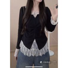 批发胖mm秋季显瘦遮肉打底蕾丝拼接上衣黑色假两件正肩长袖