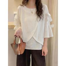 批发2026新夏<b class='q'>百搭</b>宽松显瘦蝴蝶结不规则圆领上衣<b class='q'>衬衣</b>