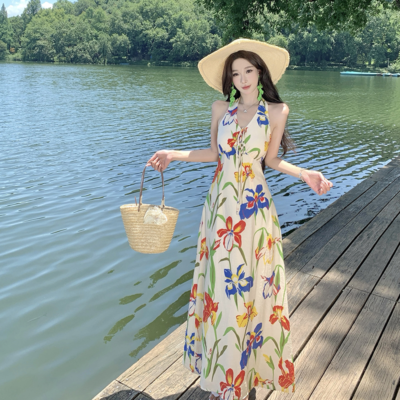 FA34121# 度假风挂脖连衣裙女夏复古气质显瘦露背长裙子 服裝批發女裝批發服飾貨源