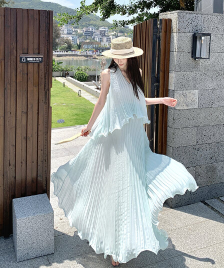 실사 해변가 착용 가져 가라. 휴가 바람 Tulle 조끼 슬립 여성 드레스 초여름 플리츠 롱 스커트