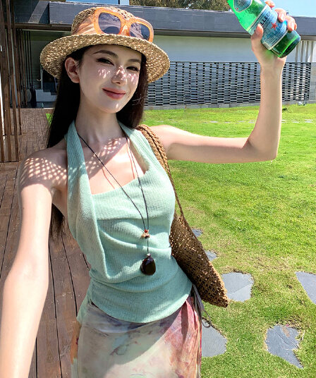 섬 휴가 바람 세트 여성 여름 핫걸 행침 목 조끼 슬립 레트로 홀치기 염색 반신 스커트 롱 스커트