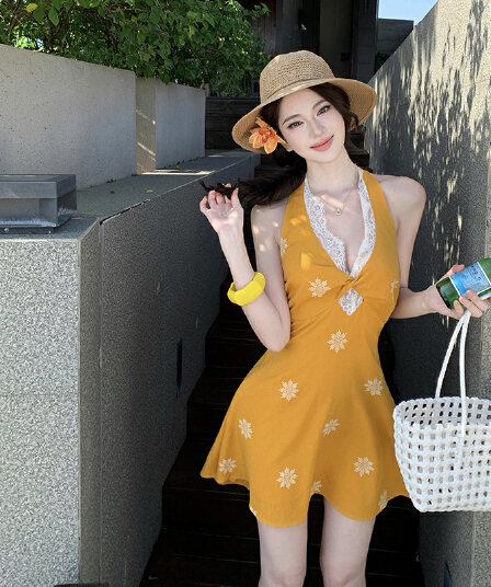 실사 자수 황색 철자 레이스 비틀림 V넥 휴가 미니 스커트 행침 목 백리스 드레스