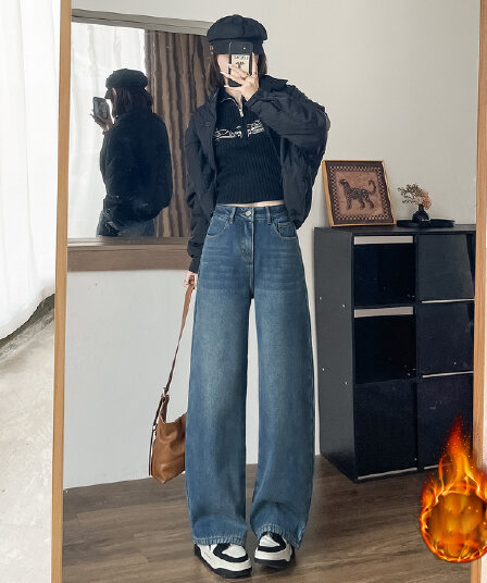 아메리칸 레트로 높음 거리 넓은 다리 청바지 여성 2026 새로운 디자인 센스 작은 키 루즈핏 모통이 칼 바닥 청소 바지