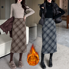 批发实拍小个子毛呢高腰长裙女加绒冬季新款显瘦格子中<b class='q'>长款</b>包臀半身裙