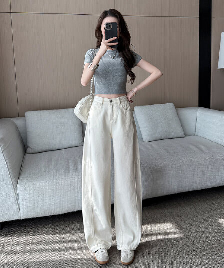 작은 키 허리밴드 넓은 다리 바나나 바지 여성 봄 여름 새로운 하이웨이스트 루즈핏 레트로 모통이 칼 청바지