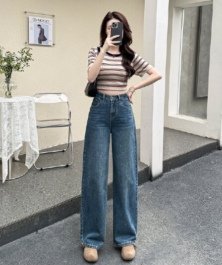 아메리칸 레트로 높음 거리 넓은 다리 청바지 여성 2026 새로운 디자인 센스 작은 키 루즈핏 모통이 칼 바닥 청소 바지