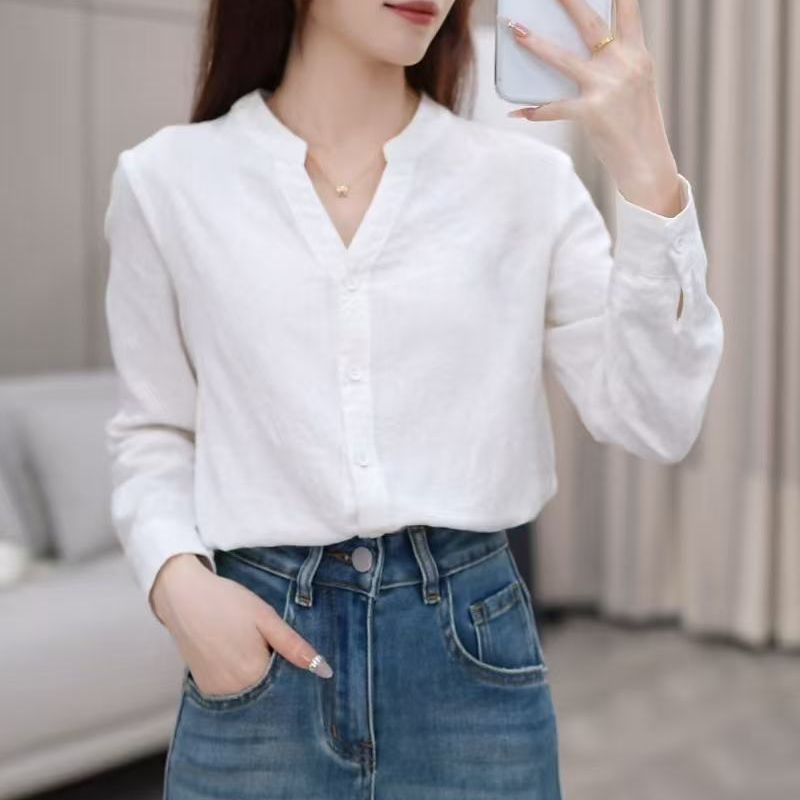 작은 키 순면 긴팔 화이트 여성 셔츠 자수 디자인 센스 워크웨어 출퇴근 맨위