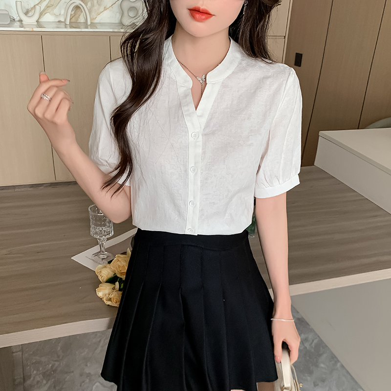 여름 2026 새로운 여성 의류 자카드 순면 여성 셔츠 외국 가스 면 100% 반팔 V넥 작은 키 맨위