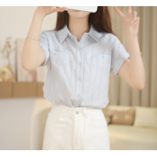 批发小个子正肩条纹短袖衬衫2026女新款夏季<b class='q'>修身</b>显瘦上衣